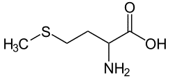 Estructura química de la metionina. Contiene un átomo de azufre -S-.