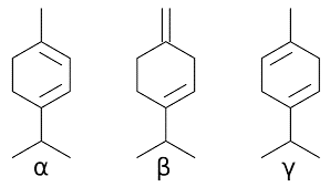 Los terpinenos difieren en la posición de los dobles enlaces